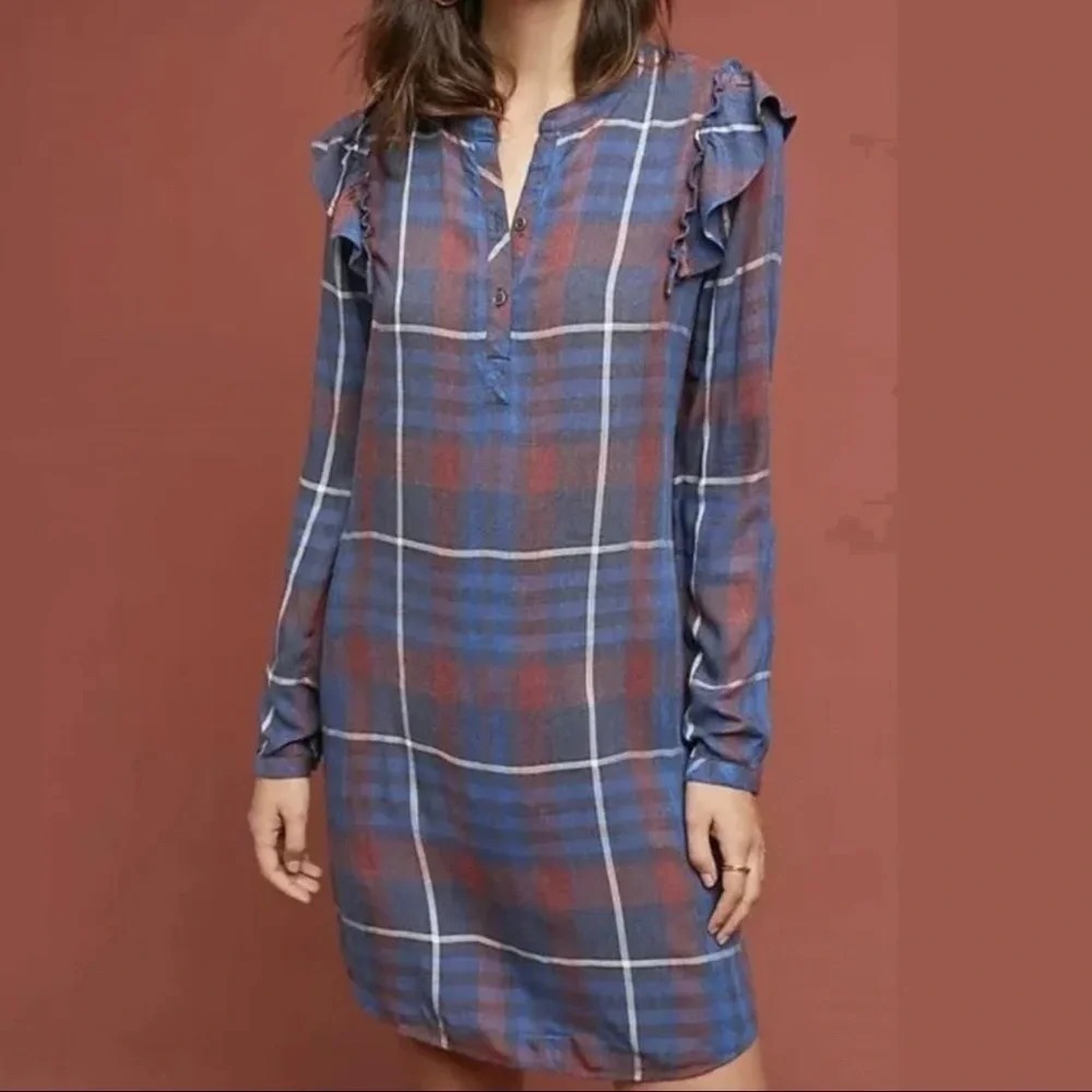 Anthropologie Cloth & Stone‎ Plaid Flannel Long Sleeve Shirt Dress S BlueRed NWT